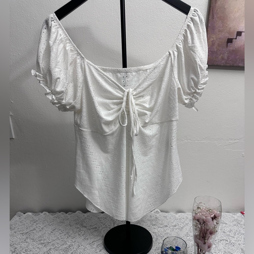 White Romantic Puff Sleeve Tie Front Blouse Coquette Cottagecore